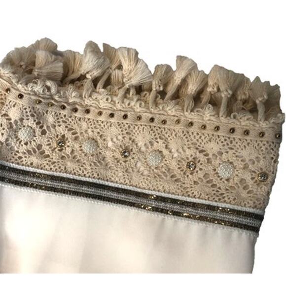 Moda Luxe Ivory Pants w/ Knit & Fringe Details, Pockets, Elastic Waistband, M - Picture 3 of 4